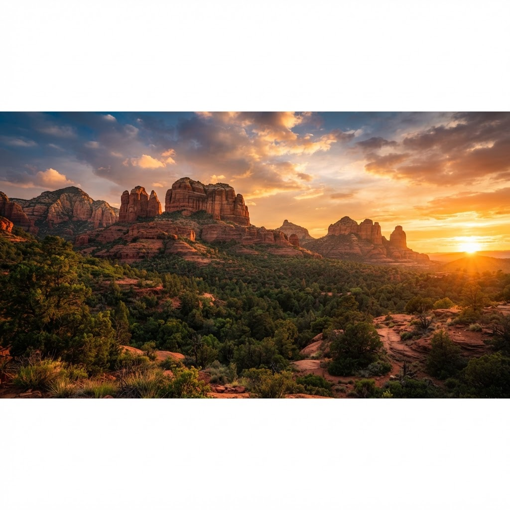 Sedona red rock formations at golden hour sunset